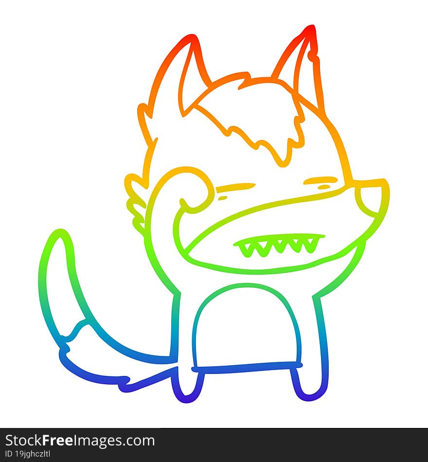 rainbow gradient line drawing of a cartoon wolf showing teeth