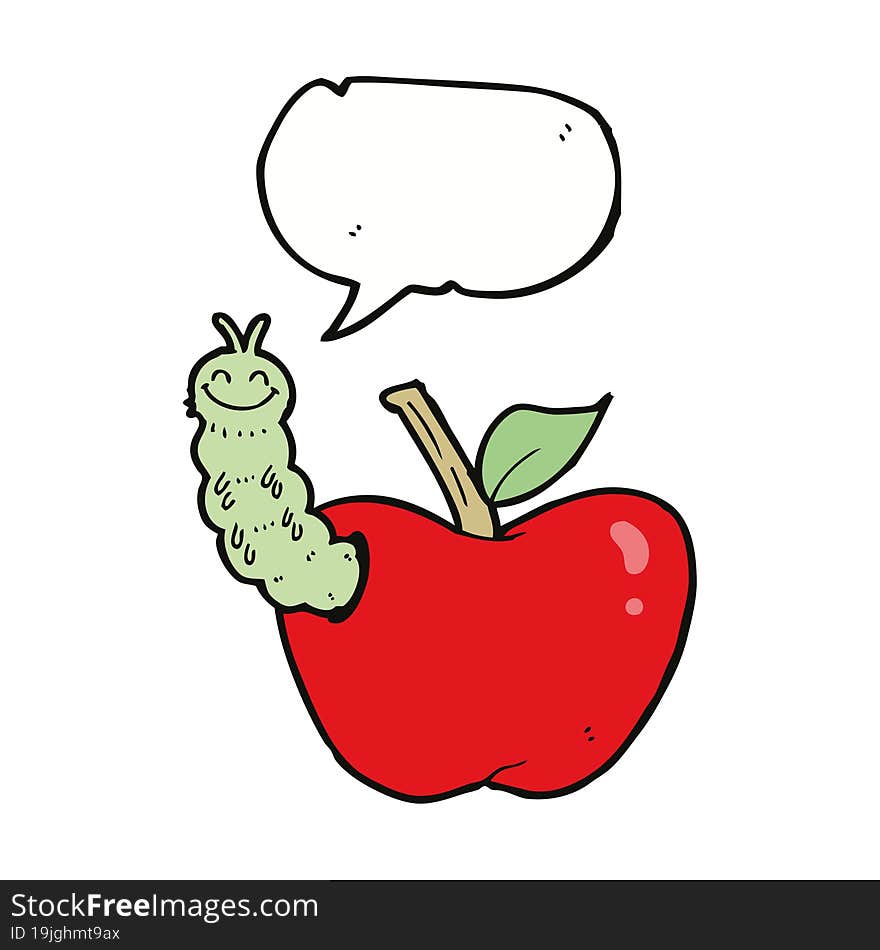 cartoon apple with bug with speech bubble