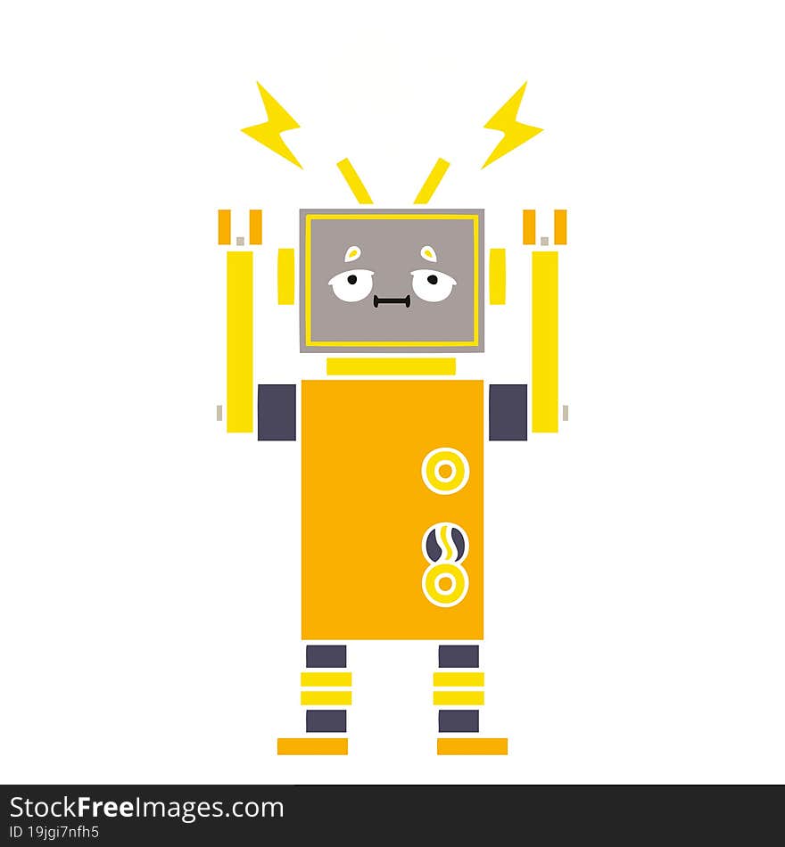 flat color retro cartoon of a malfunctioning robot