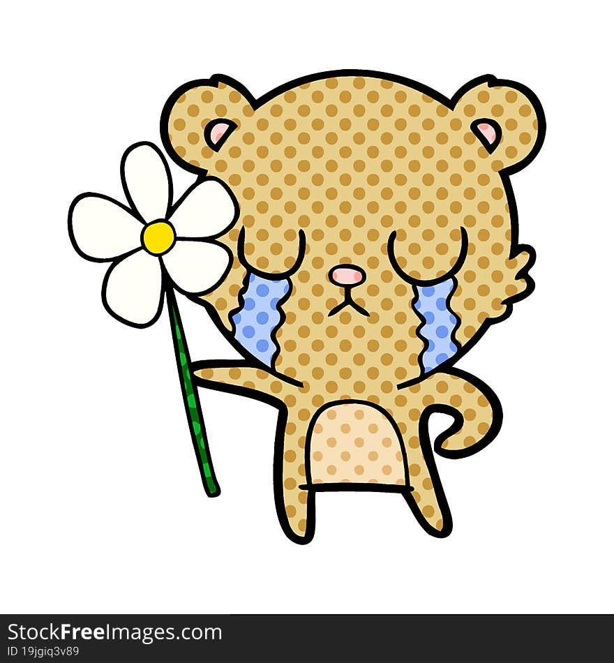 crying cartoon bear with flower. crying cartoon bear with flower