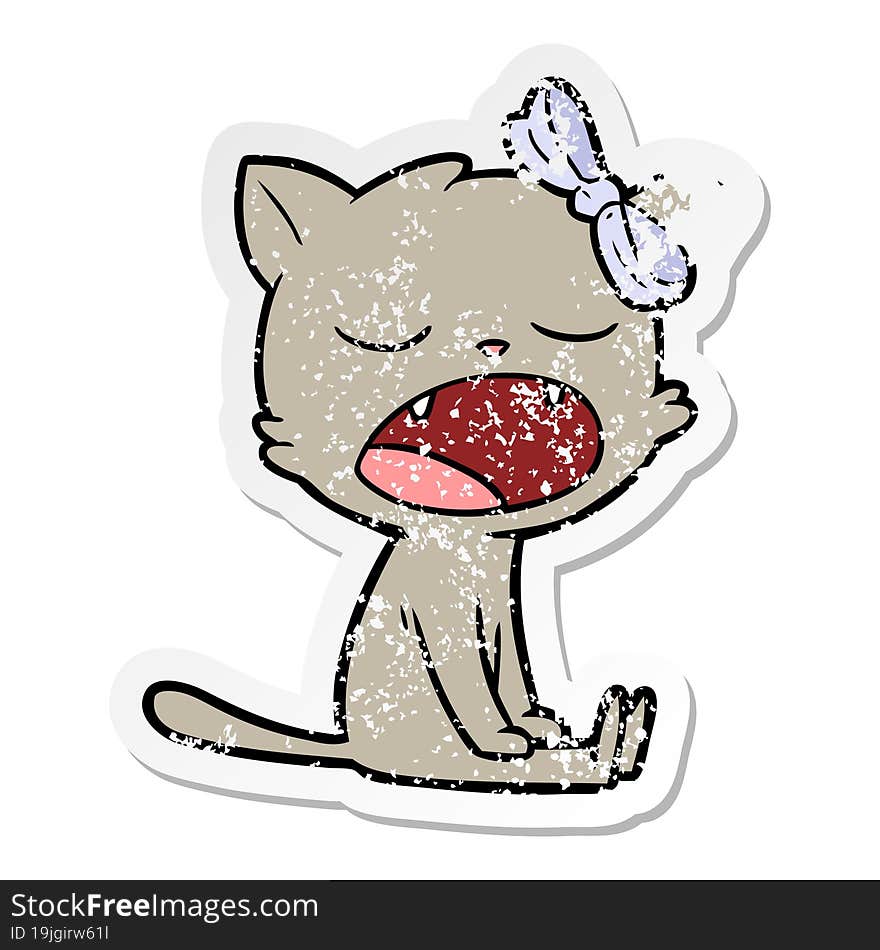 distressed sticker of a cartoon yawning cat