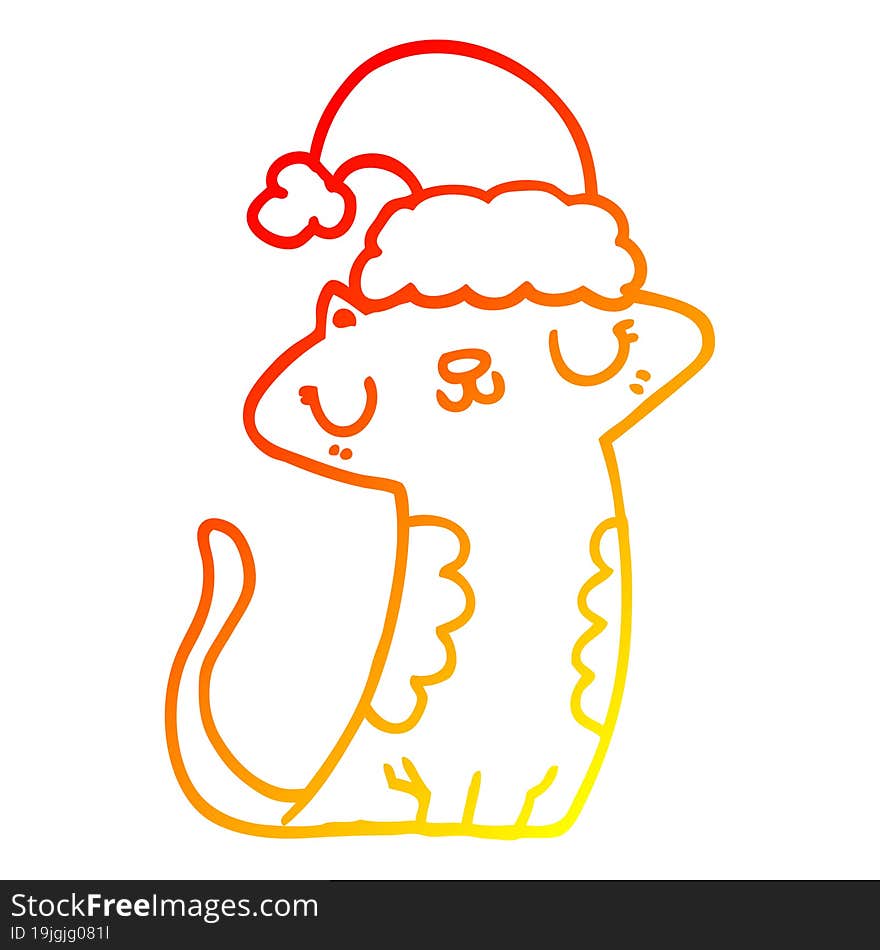 Warm Gradient Line Drawing Cute Cartoon Cat Wearing Christmas Hat