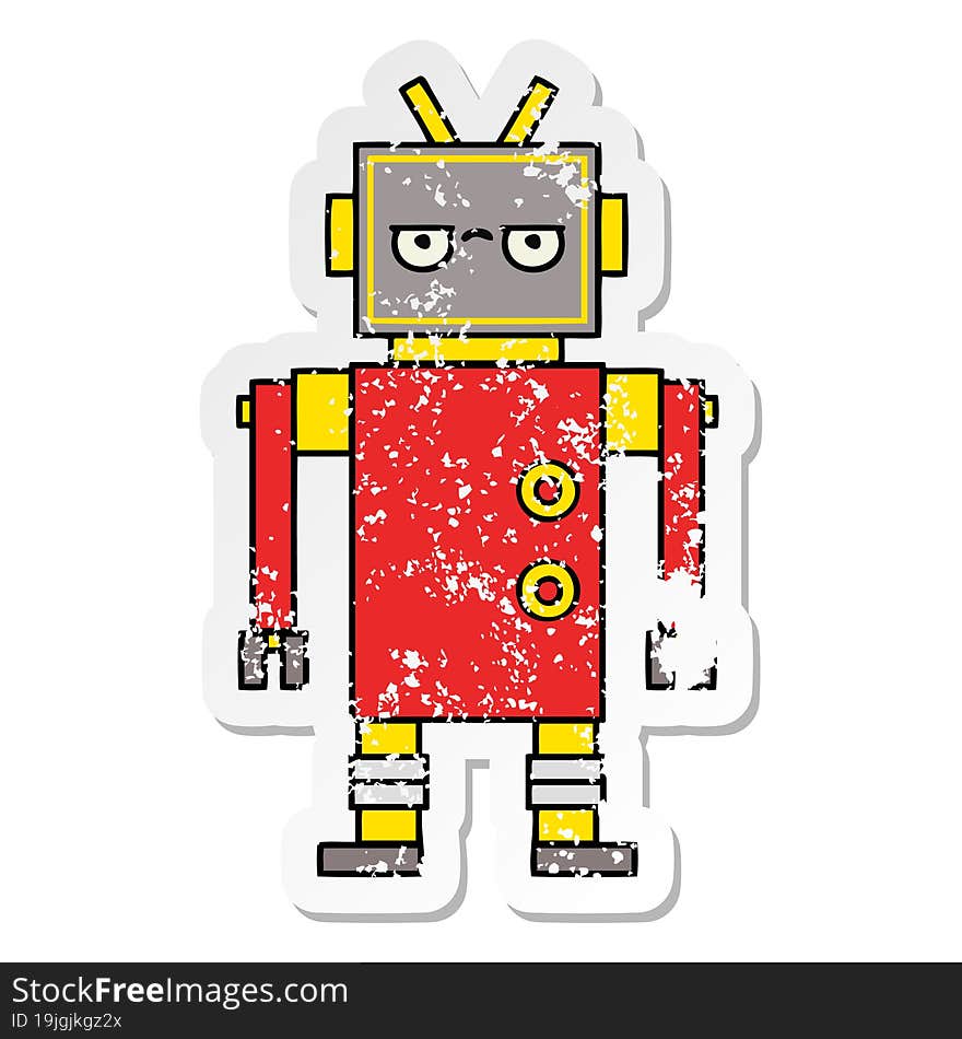 distressed sticker of a cute cartoon annoyed robot