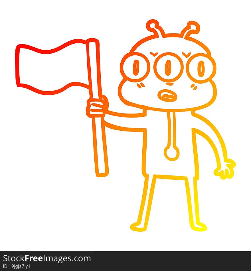 warm gradient line drawing cartoon three eyed alien waving flag