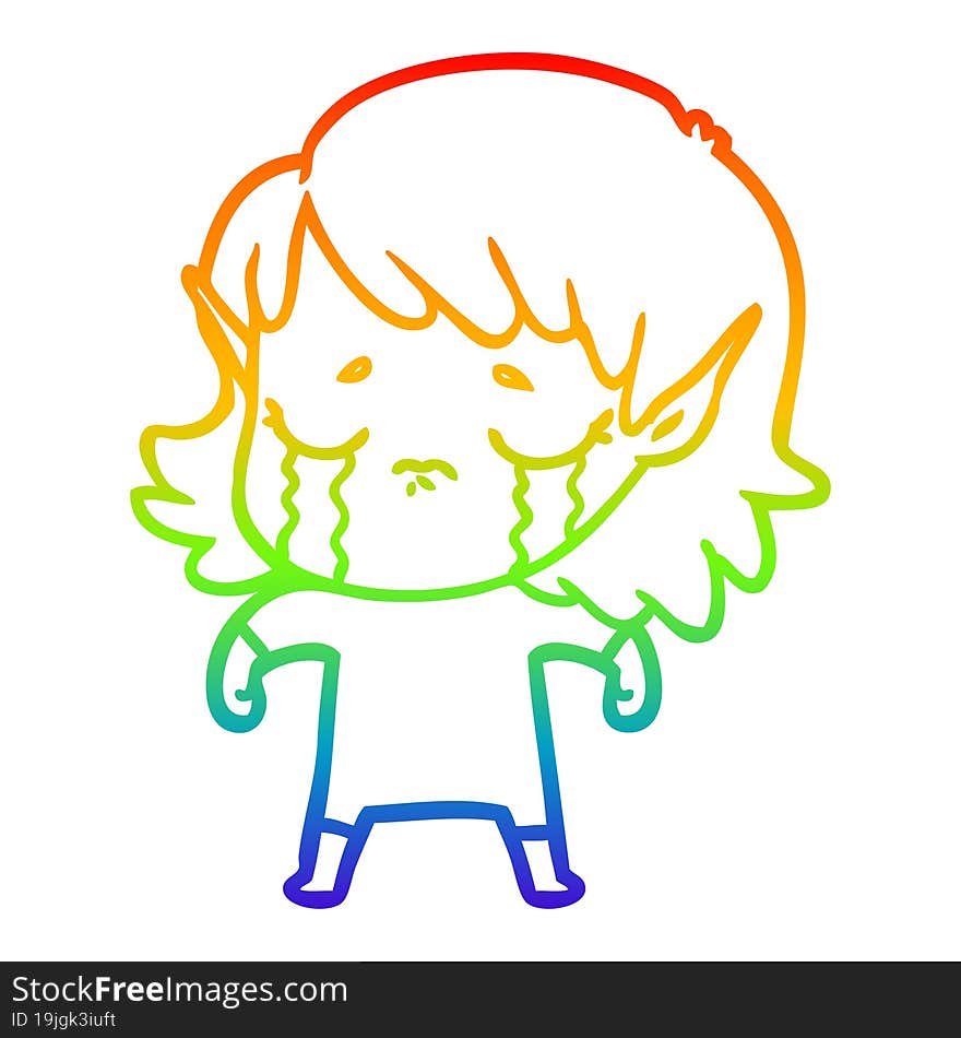 rainbow gradient line drawing cartoon crying elf girl