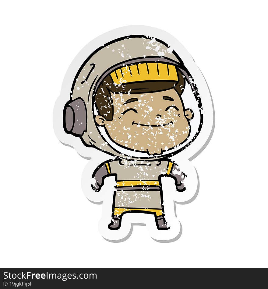 distressed sticker of a happy cartoon astronaut