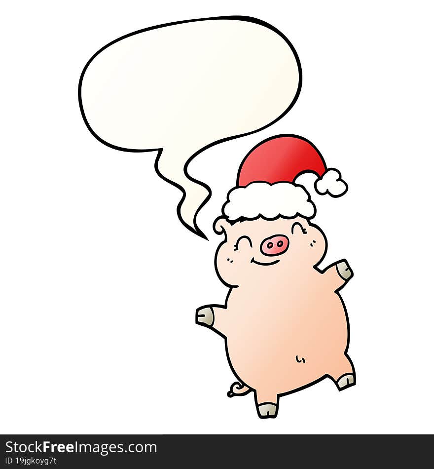 cartoon happy christmas pig and speech bubble in smooth gradient style