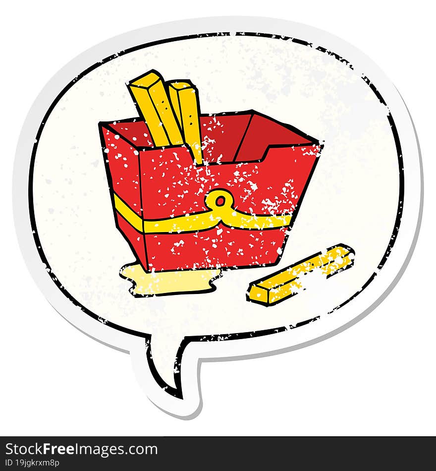 Cartoon Box Of Fries And Speech Bubble Distressed Sticker