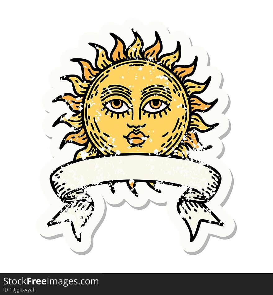 Grunge Sticker With Banner Of A Sun With Face