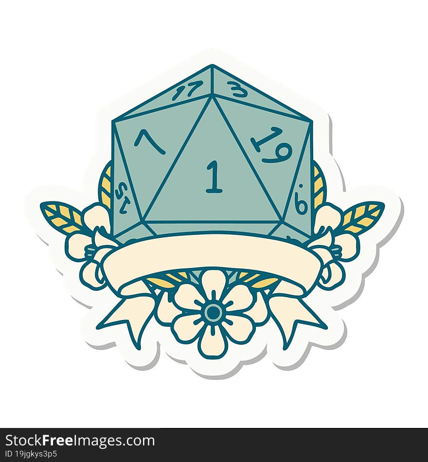 sticker of a natural one d20 dice roll. sticker of a natural one d20 dice roll