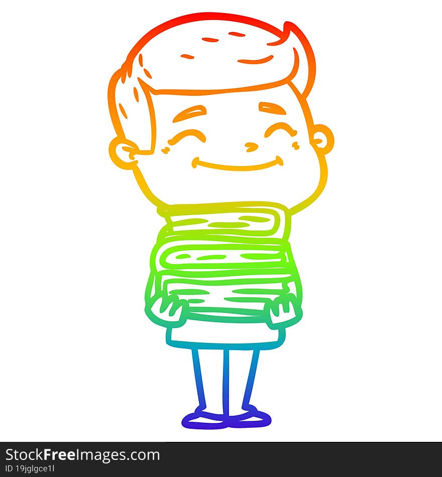 rainbow gradient line drawing happy cartoon man with stack of books