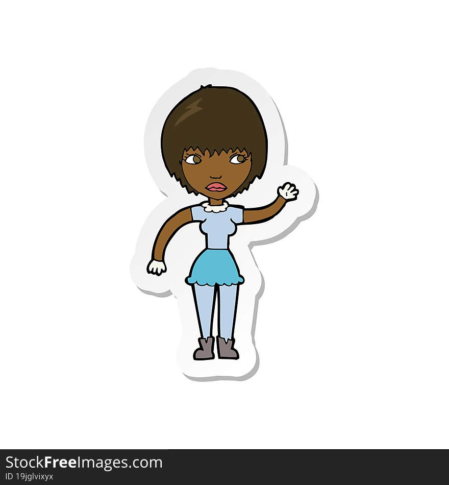 sticker of a cartoon waving woman