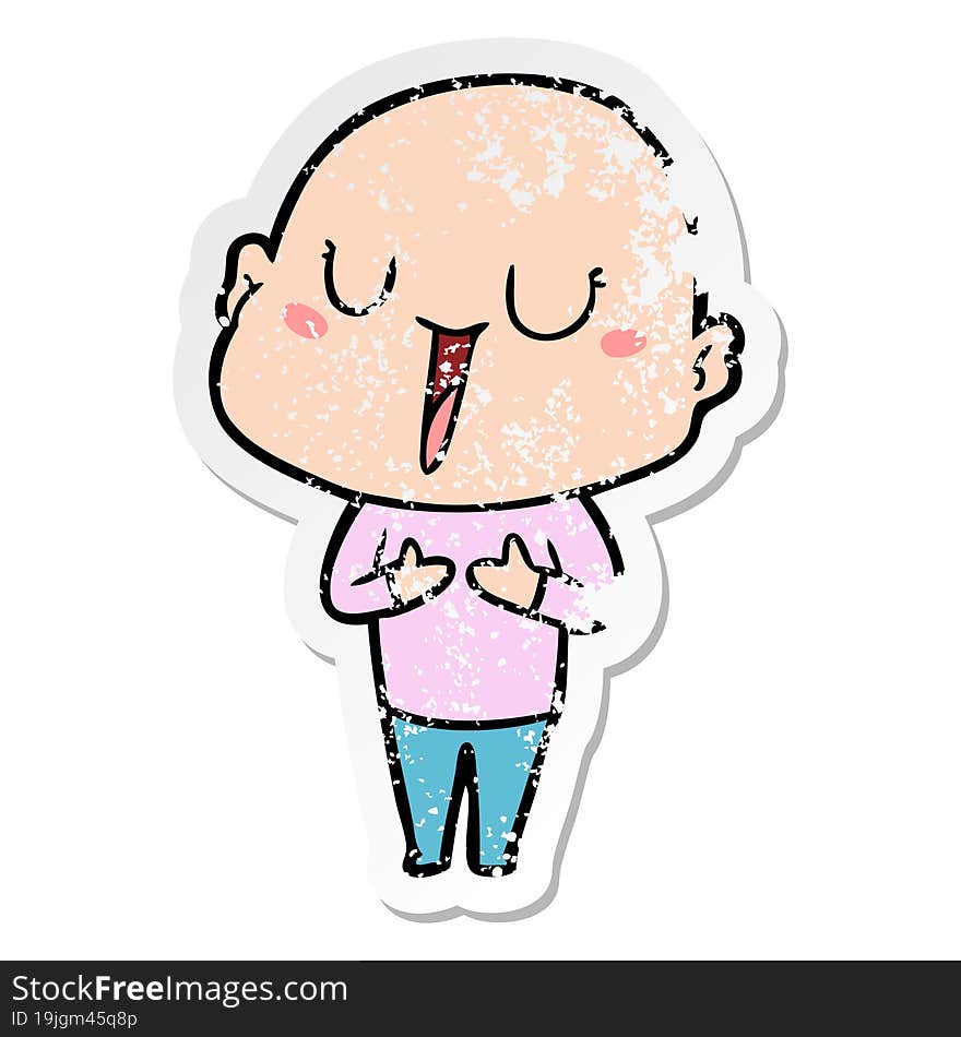 distressed sticker of a happy cartoon bald man