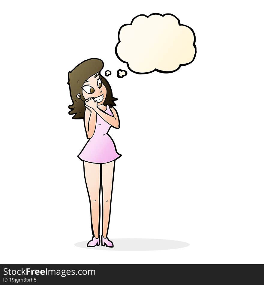 cartoon excited woman with thought bubble