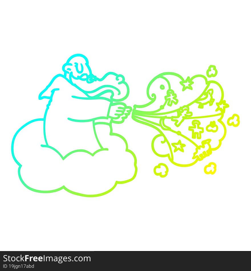 cold gradient line drawing cartoon god on cloud