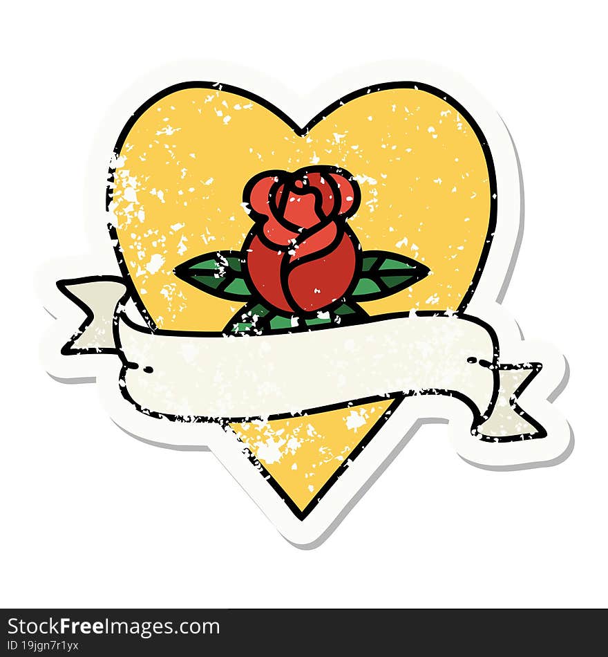 distressed sticker tattoo in traditional style of a heart rose and banner. distressed sticker tattoo in traditional style of a heart rose and banner