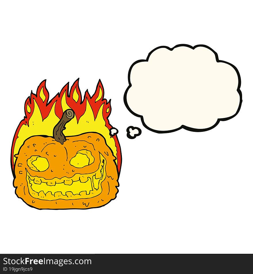 cartoon spooky pumpkin with thought bubble