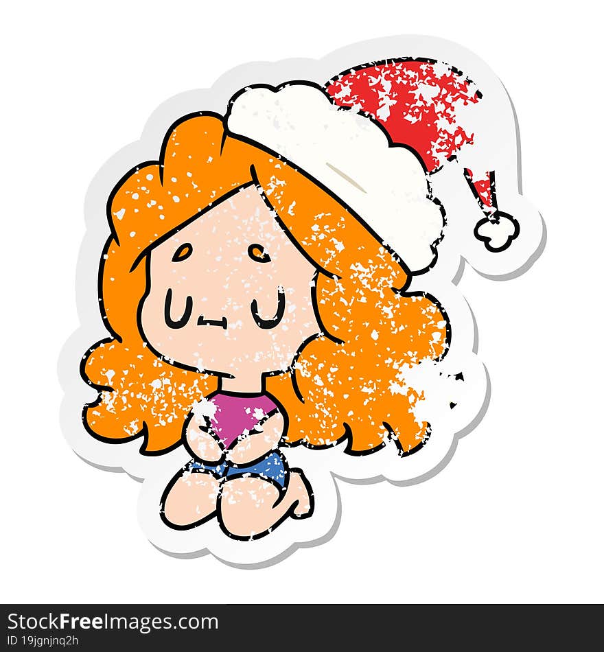 christmas distressed sticker cartoon of kawaii girl