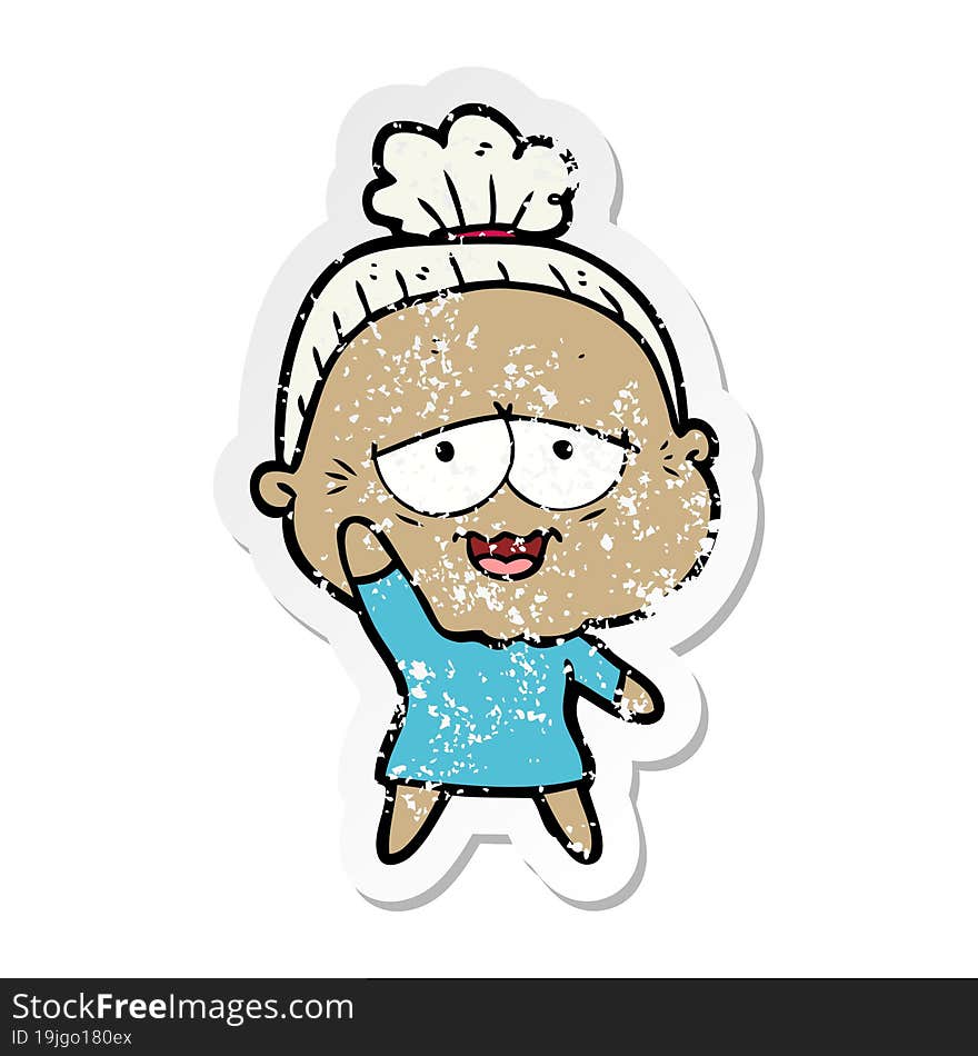 distressed sticker of a cartoon happy old lady