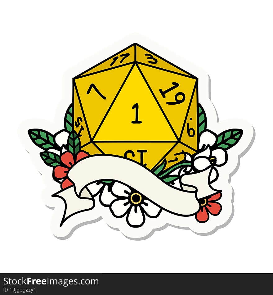 sticker of a natural one d20 dice roll. sticker of a natural one d20 dice roll