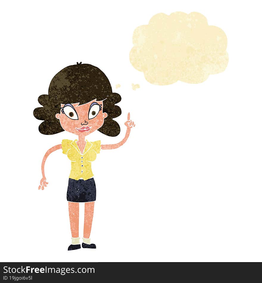 cartoon happy woman with idea with thought bubble