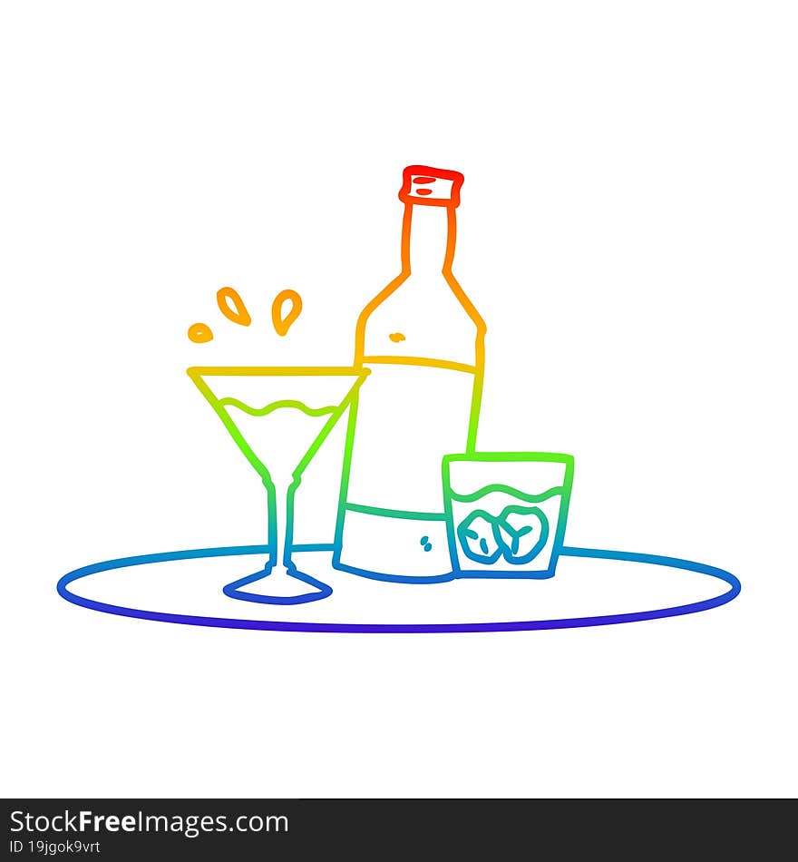 rainbow gradient line drawing of a cartoon drinks on tray