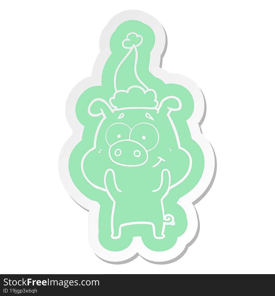 happy cartoon  sticker of a pig wearing santa hat