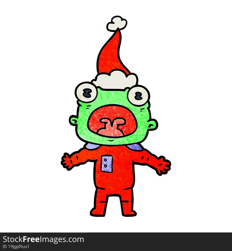 hand drawn textured cartoon of a weird alien communicating wearing santa hat