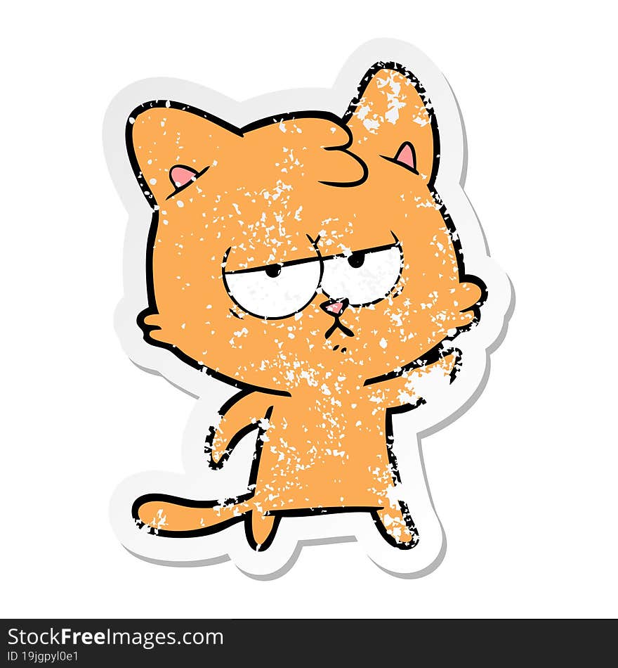 distressed sticker of a bored cartoon cat