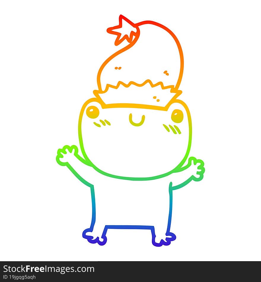 rainbow gradient line drawing of a cute cartoon frog wearing christmas hat