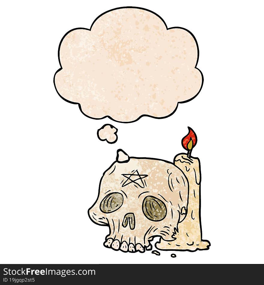 Cartoon Spooky Skull And Candle And Thought Bubble In Grunge Texture Pattern Style