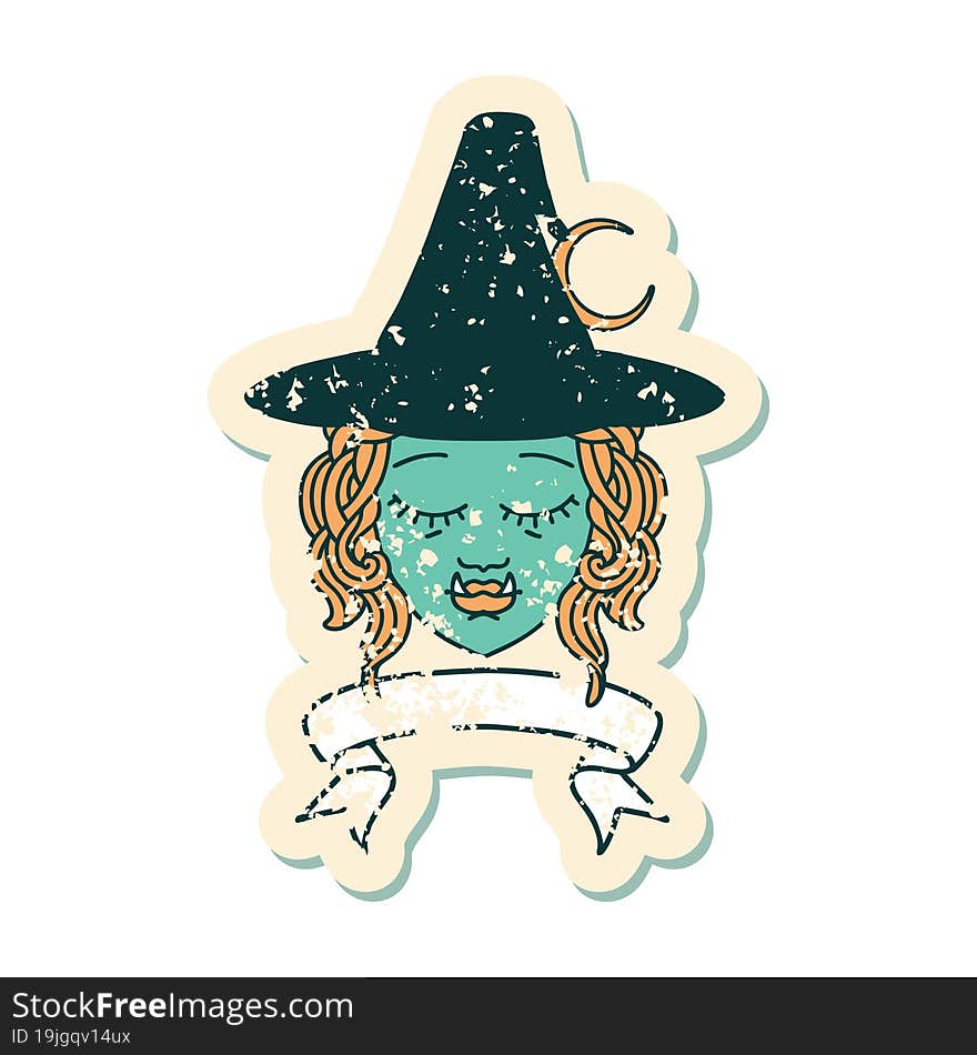 Retro Tattoo Style half orc witch character face with banner. Retro Tattoo Style half orc witch character face with banner