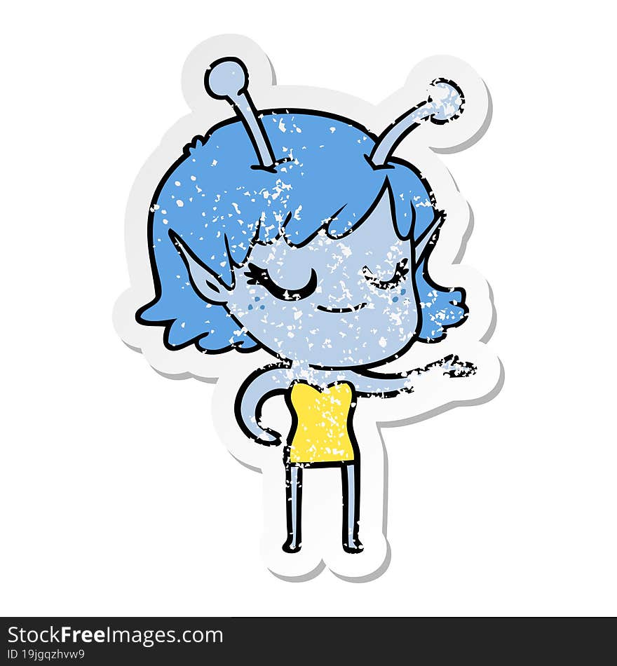 distressed sticker of a smiling alien girl cartoon