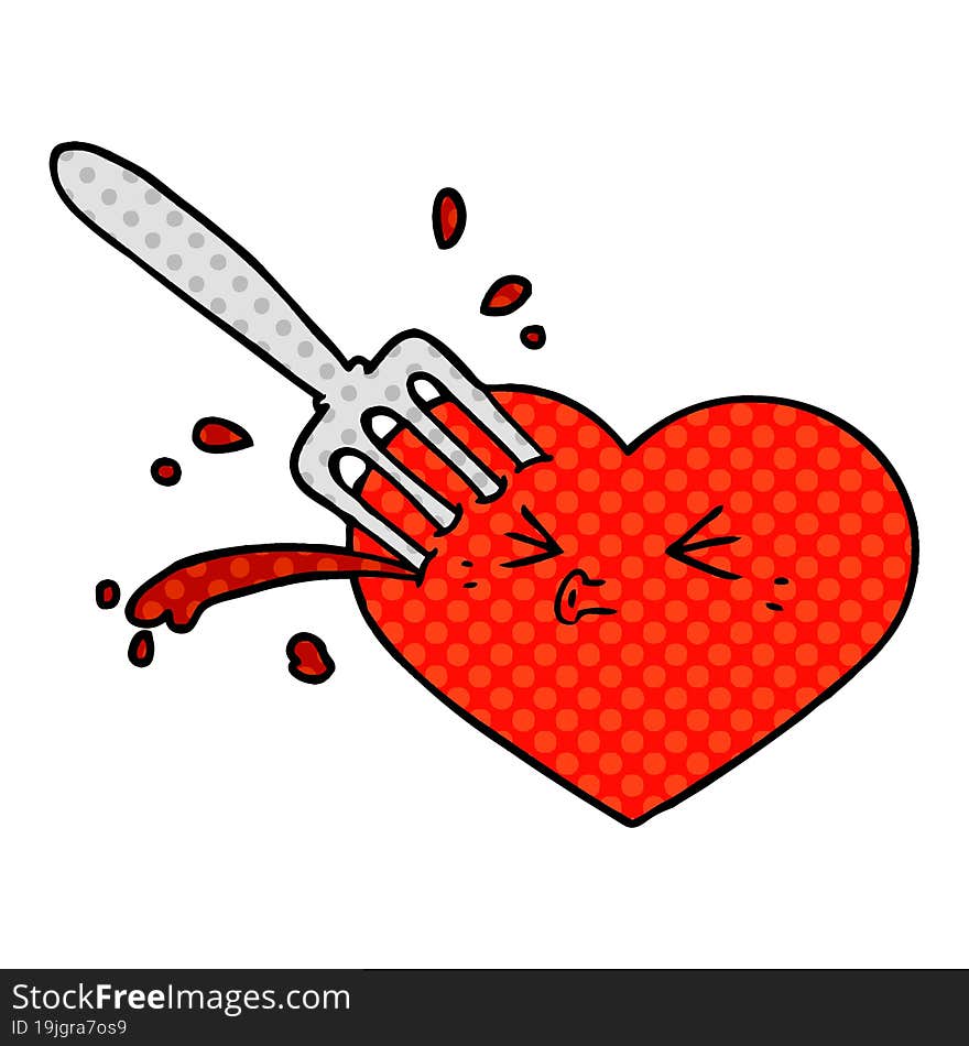 cartoon love heart stuck with fork. cartoon love heart stuck with fork