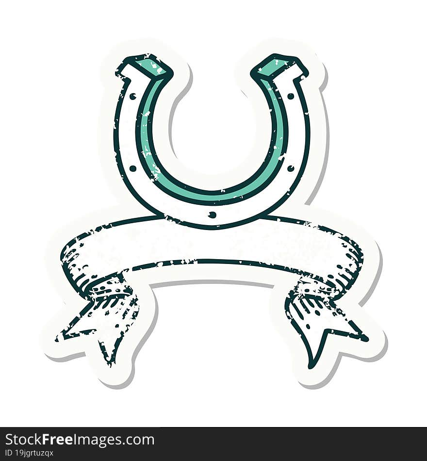 grunge sticker with banner of a horse shoe