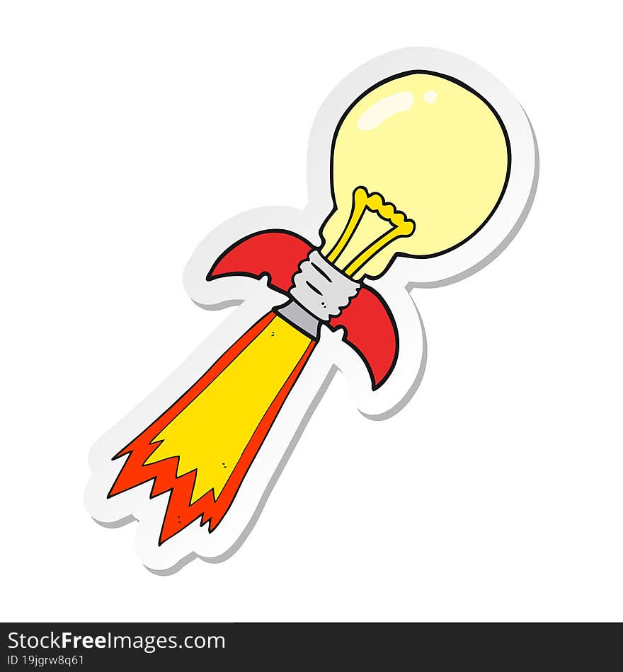 sticker of a cartoon lightbulb rocket ship