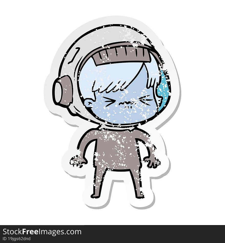 distressed sticker of a cartoon astronaut woman