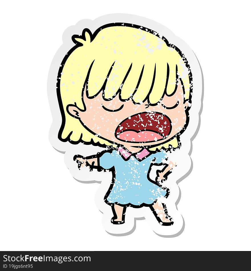 distressed sticker of a cartoon woman talking loudly