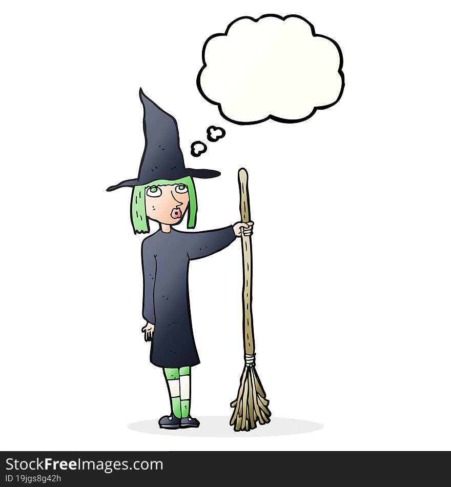 cartoon witch with thought bubble