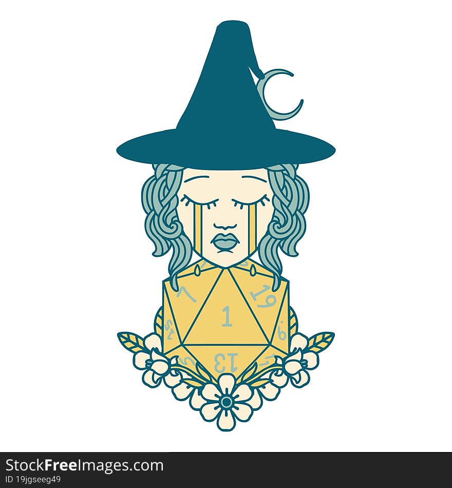 Retro Tattoo Style crying human witch with natural one D20 dice roll. Retro Tattoo Style crying human witch with natural one D20 dice roll