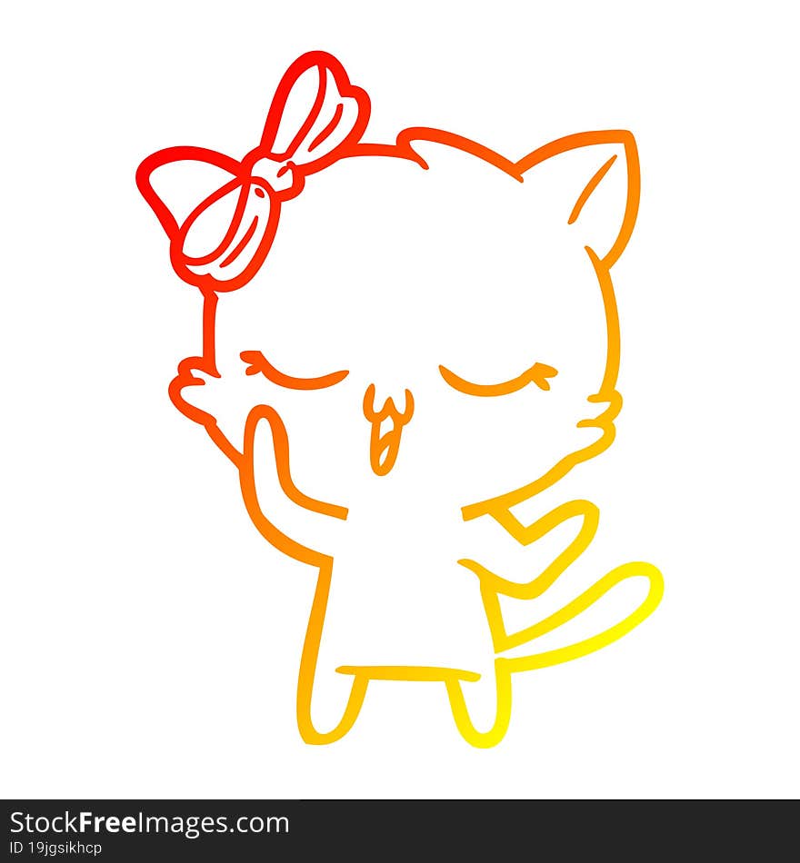 Warm Gradient Line Drawing Cartoon Cat With Bow On Head