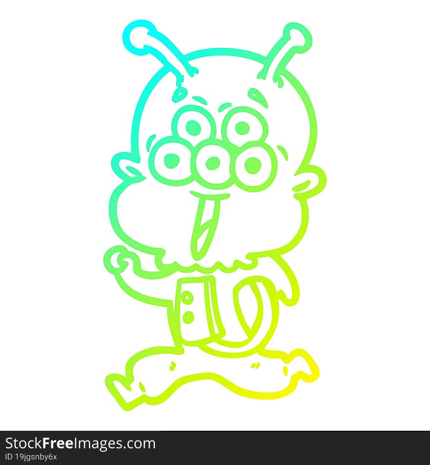 cold gradient line drawing happy cartoon alien running