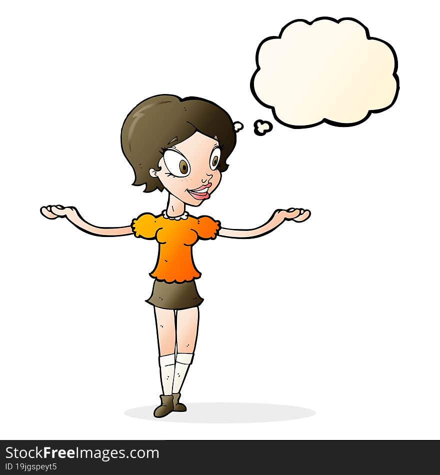 cartoon woman with arms spread wide with thought bubble