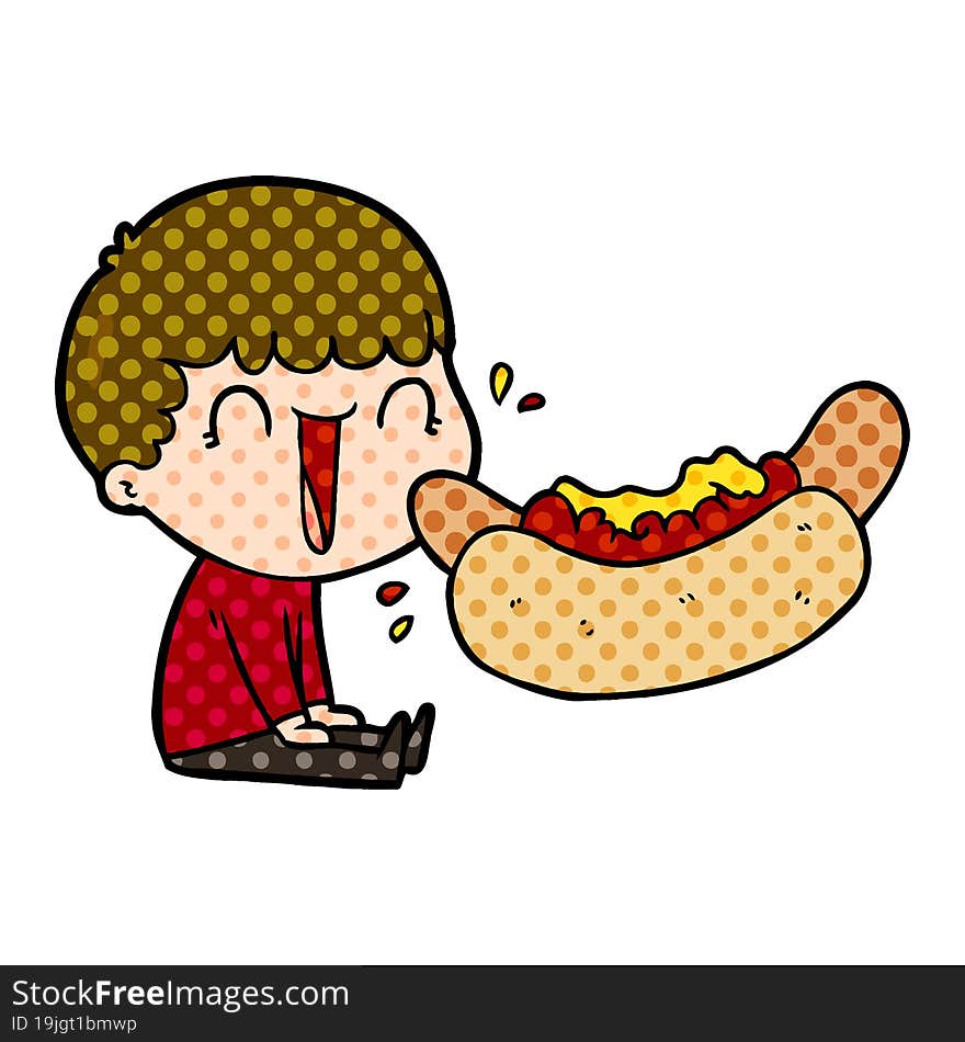 laughing cartoon man eating giant hotdog. laughing cartoon man eating giant hotdog