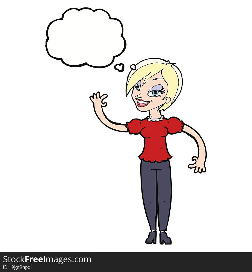 cartoon woman waving with thought bubble