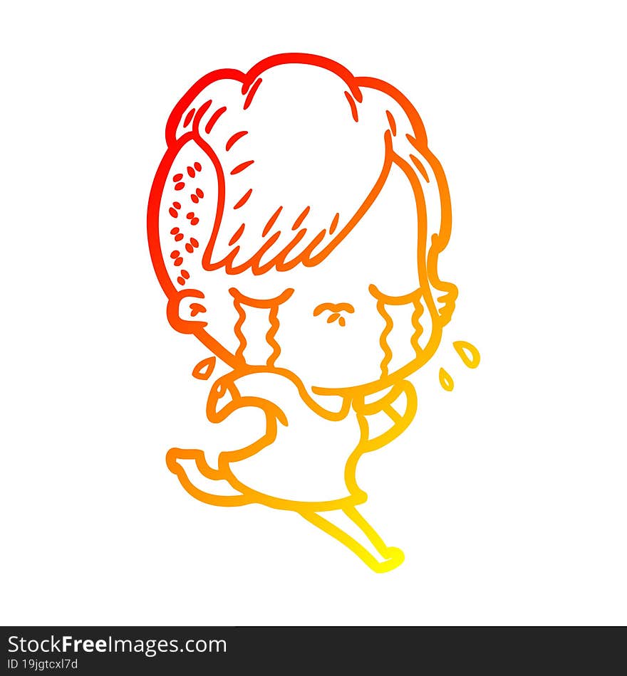 Warm Gradient Line Drawing Cartoon Crying Girl Running Away