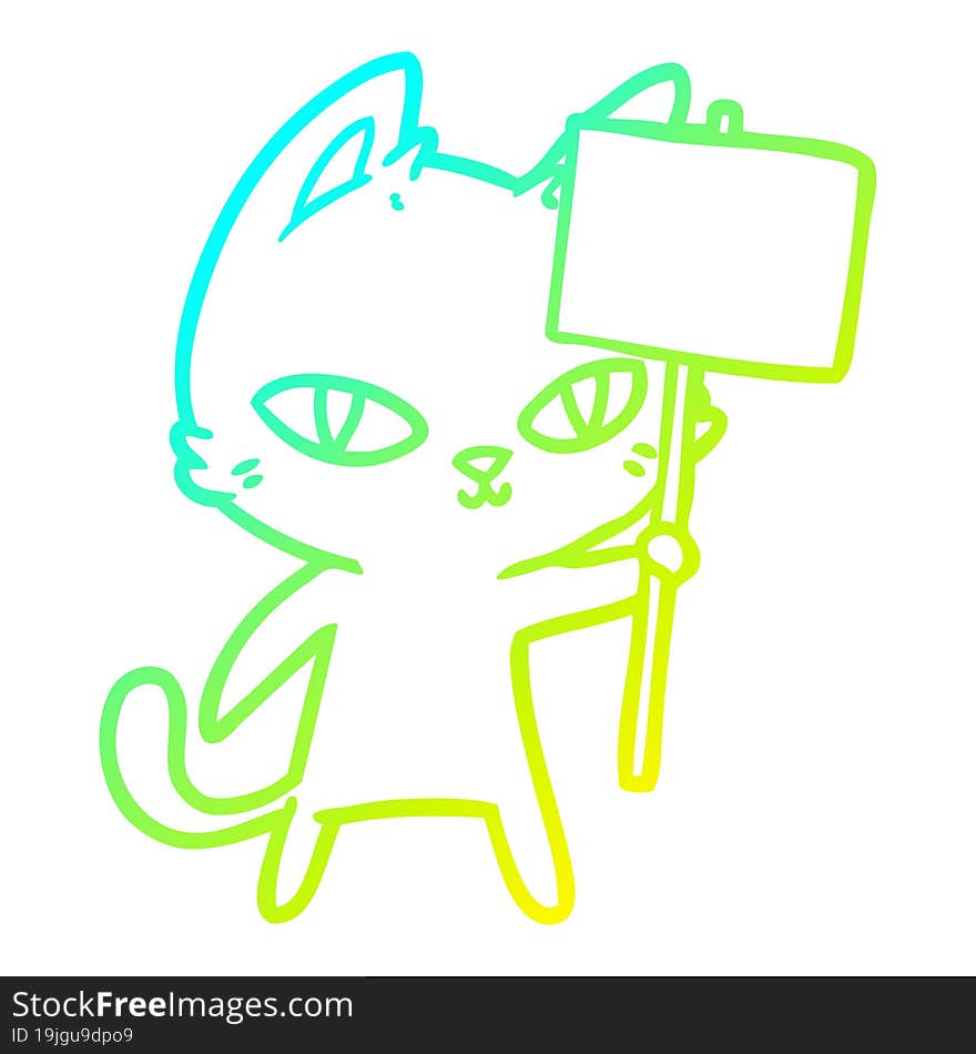 cold gradient line drawing of a cartoon cat waving sign