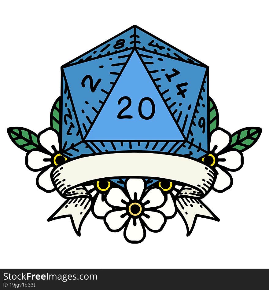 Retro Tattoo Style natural 20 critical hit D20 dice roll. Retro Tattoo Style natural 20 critical hit D20 dice roll