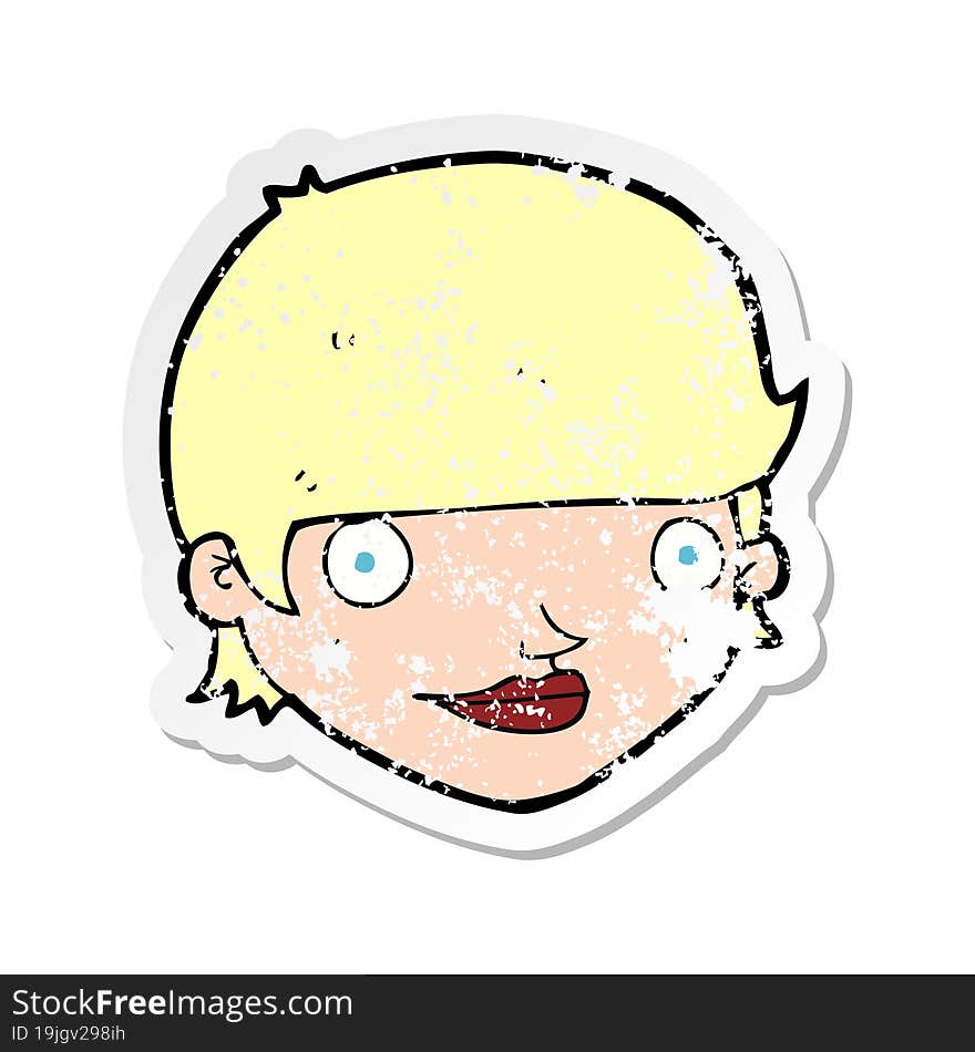 Retro Distressed Sticker Of A Cartoon Happy Female Face