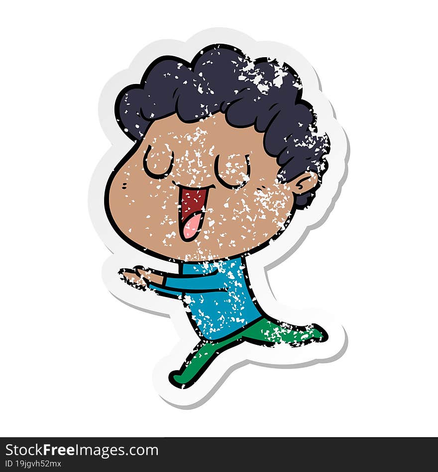 Distressed Sticker Of A Laughing Cartoon Man Running